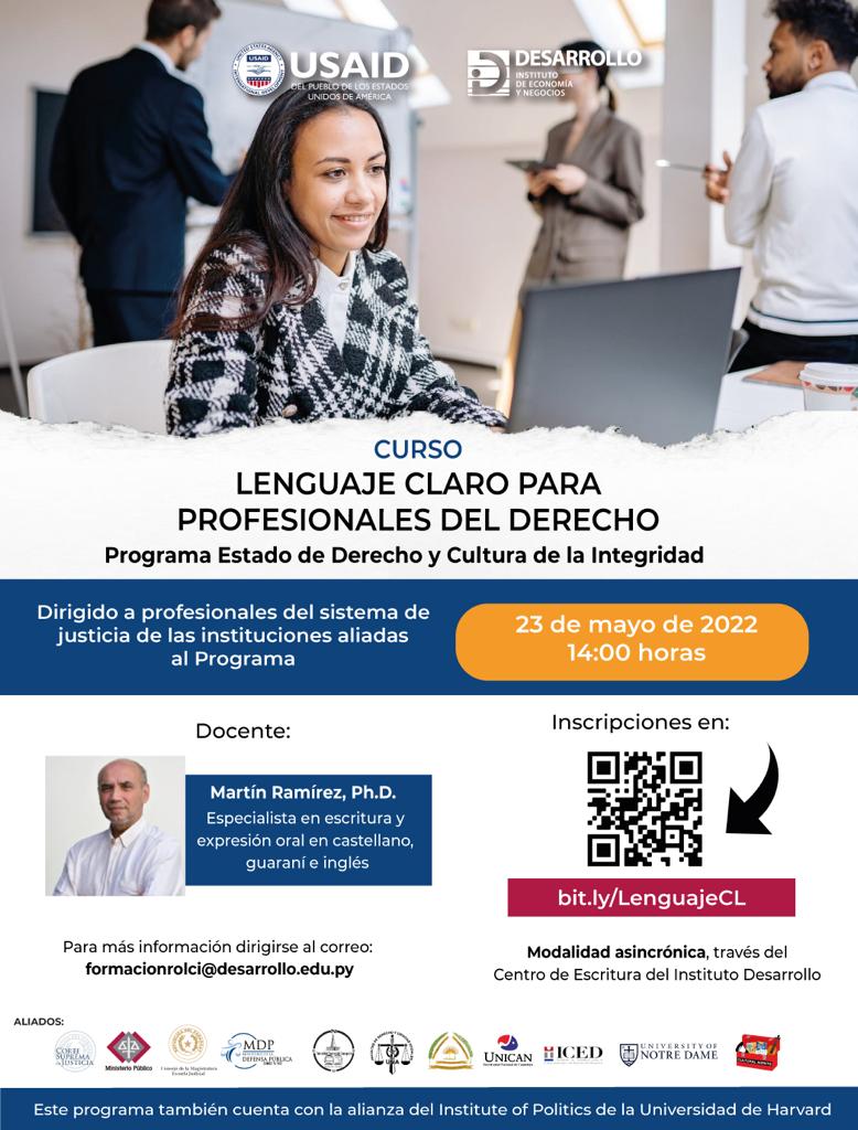 Afiche de Curso de Lenguaje Claro para profesionales del Derecho, organizado por el Instituto Desarrollo, con la asistencia de la Agencia de los Estados Unidos para el Desarrollo Internacional (USAID)