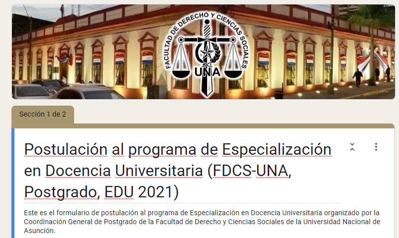  Formulario de 1ª convocatoria de admision para Especializacion en Docencia Universitaria 2021