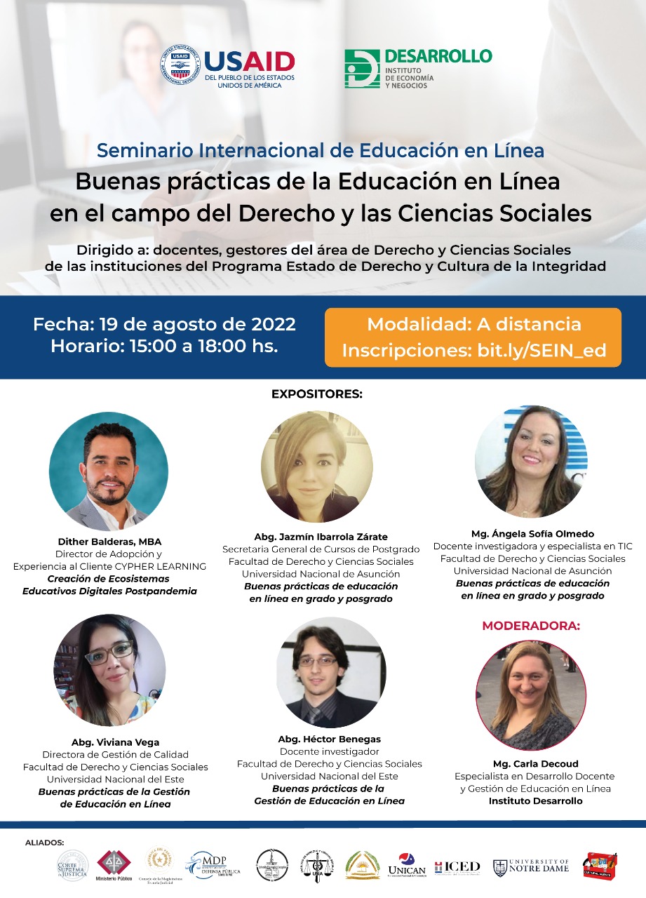 Poster del evento: Seminario Internacional de Educación en Línea: Buenas prácticas de la Educación en Línea en el campo del Derecho y las Ciencias Sociales. Toca para inscribirte.