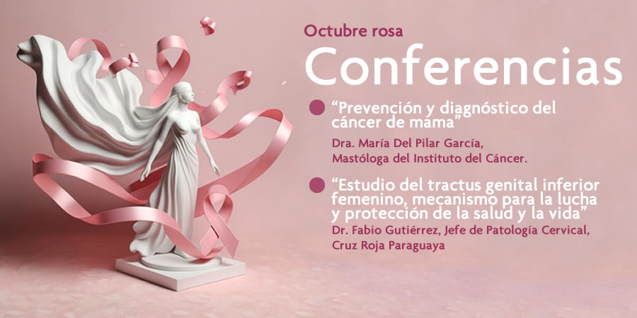Una escultura en forma de mujer camina a través del viento, rodeada de un listón rosa pálido que flota a su alrededor, simbolizando la concienciación de la lucha contra el cáncer en la mujer. Un texto describe los temas y los disertantes.